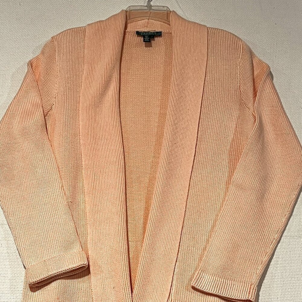 Ralph Lauren Mercerized Cotton Shawl Open Front Cardigan Soft Peach Large
